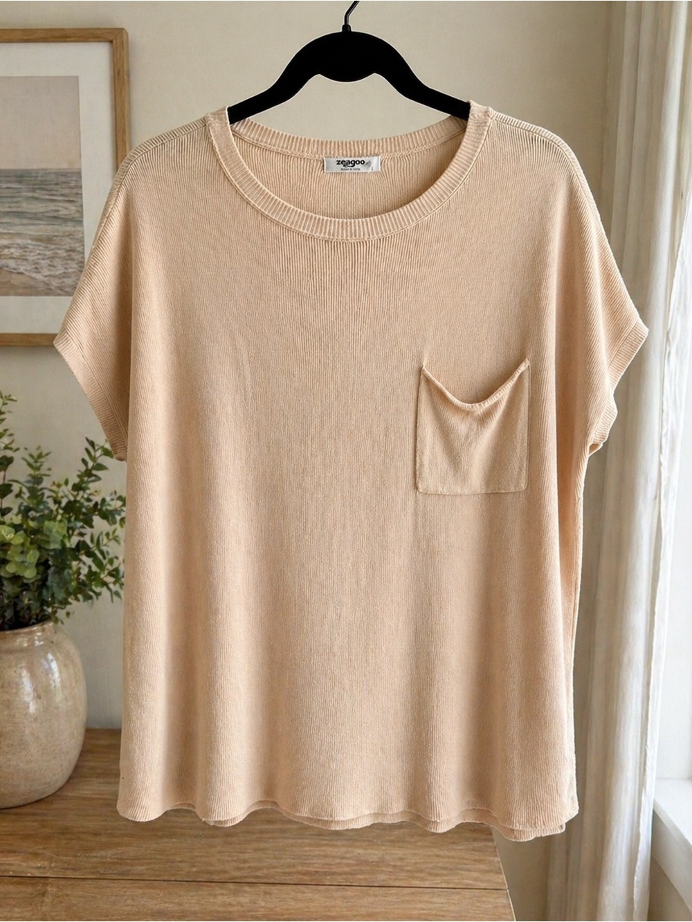 Zeagoo Beige Ribbed Knit Top Pocket Short Sleeve Size L
